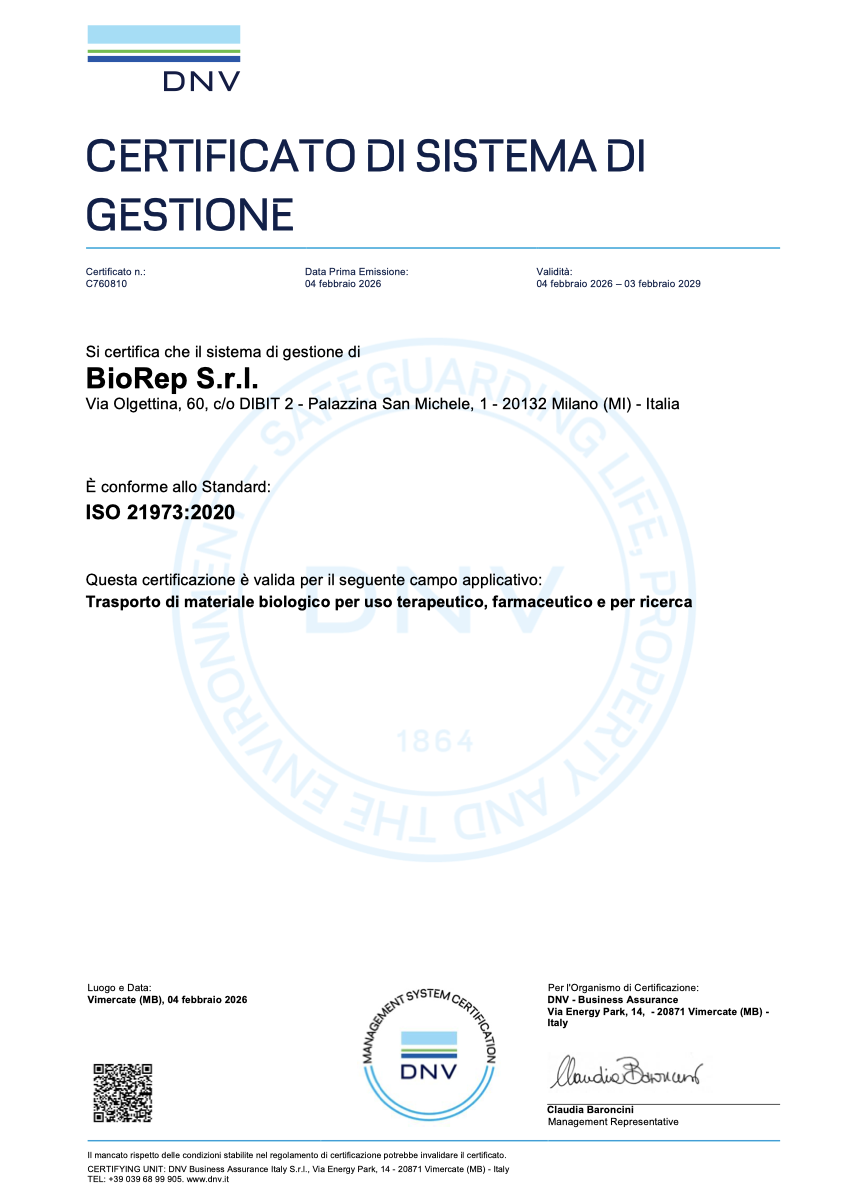 BioRep ottiene la certificazione ISO 21973:2020 per il trasporto di materiale biologico