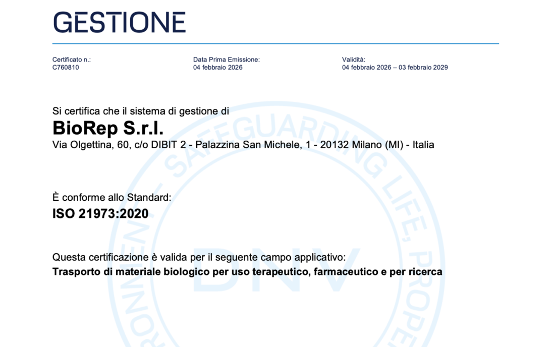 BioRep ottiene la certificazione ISO 21973:2020 per il trasporto di materiale biologico
