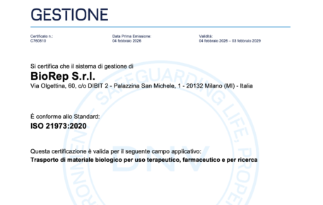 BioRep ottiene la certificazione ISO 21973:2020 per il trasporto di materiale biologico